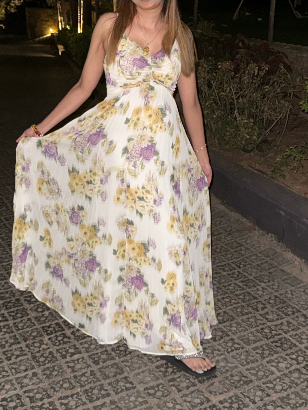 Express White Floral Maxi Dress with Yellow & Purple Blooms